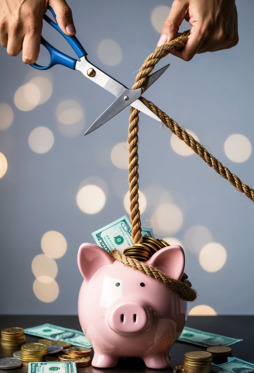 A piggy bank sits on a table, overflowing with coins and bills. A large pair of scissors hovers above, ready to cut through a thick rope labeled "interest."