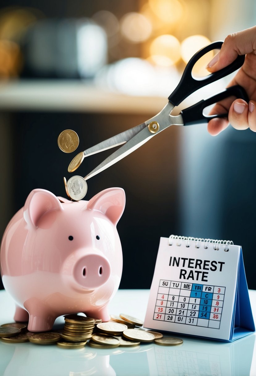 A piggy bank with coins pouring out, a pair of scissors cutting a high interest rate sign, and a calendar showing one year