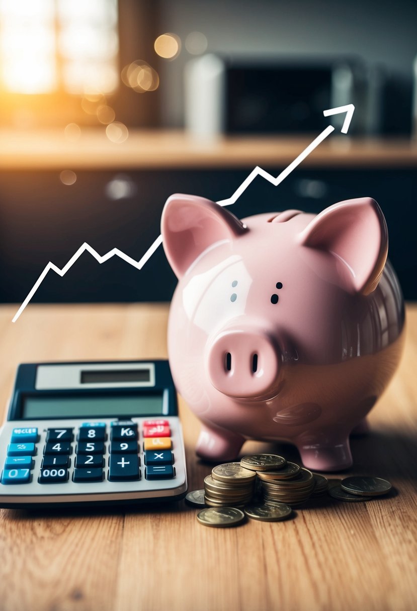 A piggy bank with a large pile of coins next to a calculator and a decreasing line graph representing interest costs