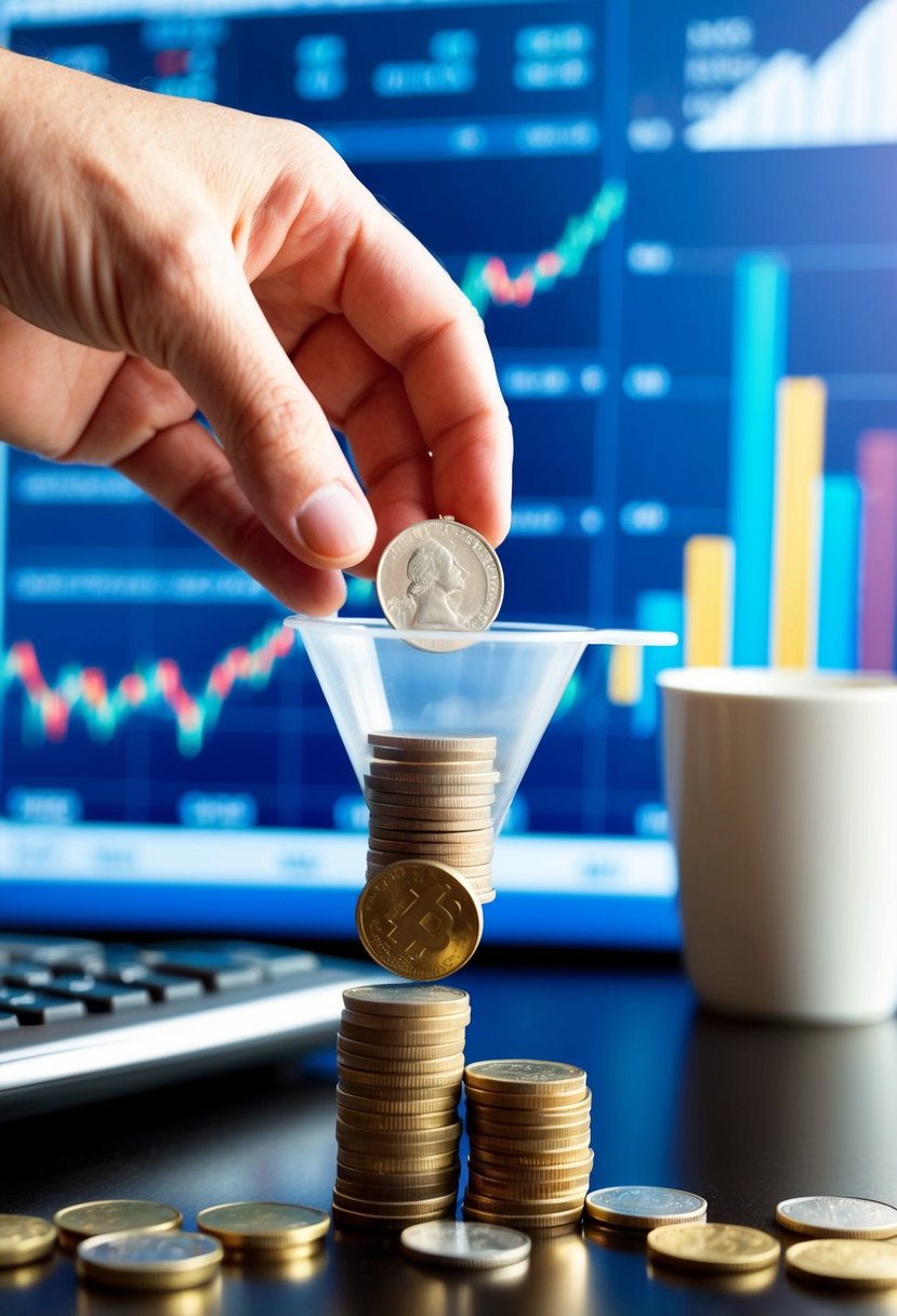 A stack of coins being poured into a funnel, with a calculator and financial charts in the background