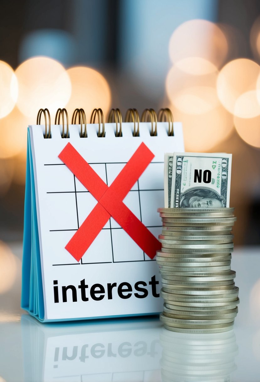 A calendar with the months crossed out, a large red "X" over the word "interest", and a stack of money with a "no" symbol over it
