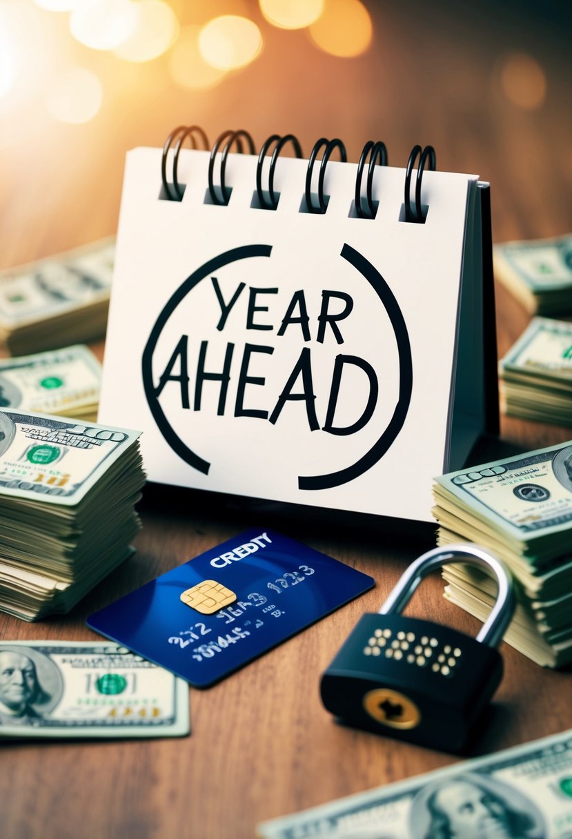 A calendar with the date circled one year ahead, surrounded by stacks of money, a credit card cut in half, and a padlock