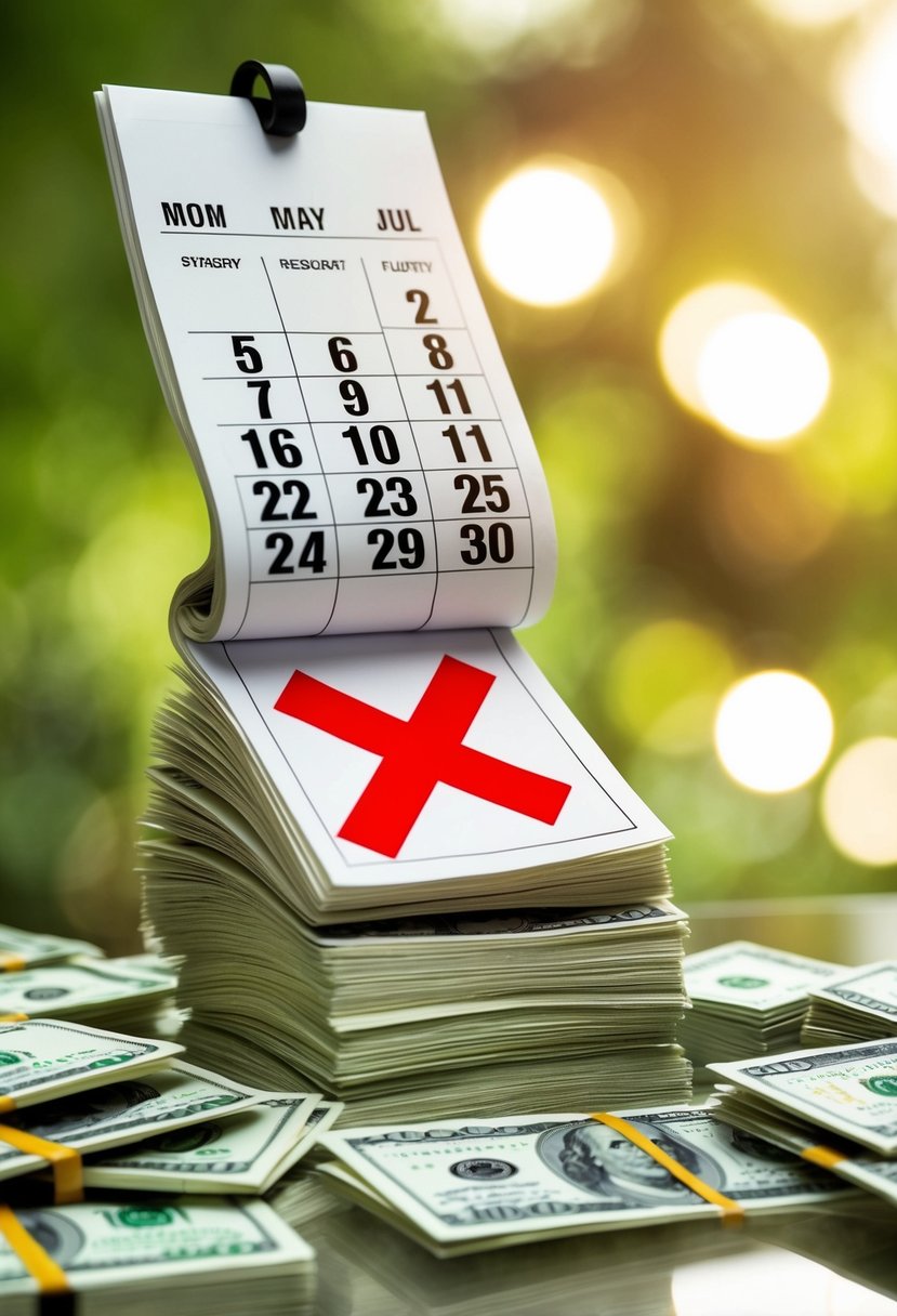 A pile of money grows larger as a calendar flips from month to month, with a large red "X" over each month indicating no interest payments