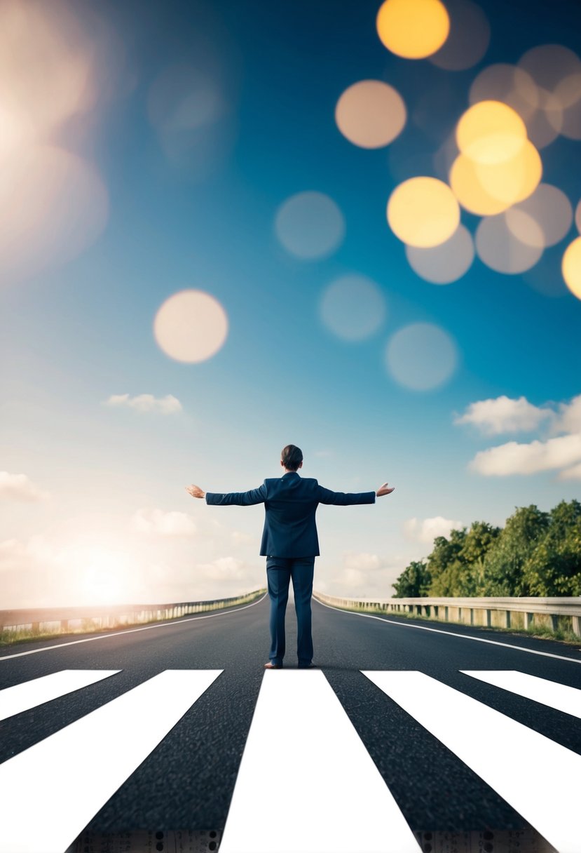 A person standing at a crossroads, one path leading to a pile of bills and stress, the other to financial freedom and peace of mind