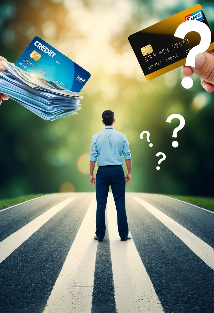 A person standing at a crossroads, with one path leading to a pile of bills and financial stress, and the other path leading to a credit card with question marks hovering above it