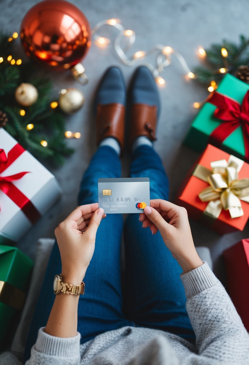 A person receiving a credit card in the mail, surrounded by holiday decorations and shopping bags