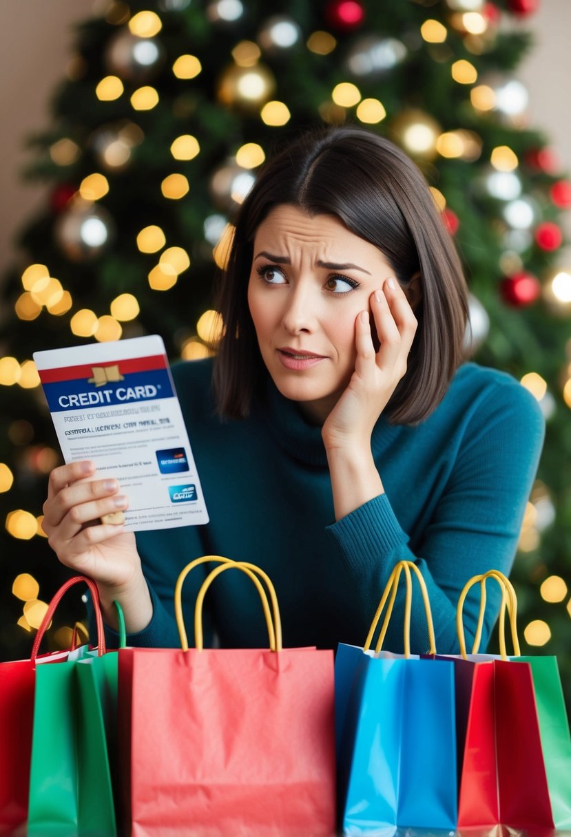 A person surrounded by holiday shopping bags, looking at a credit card offer in the mail, with a worried expression on their face