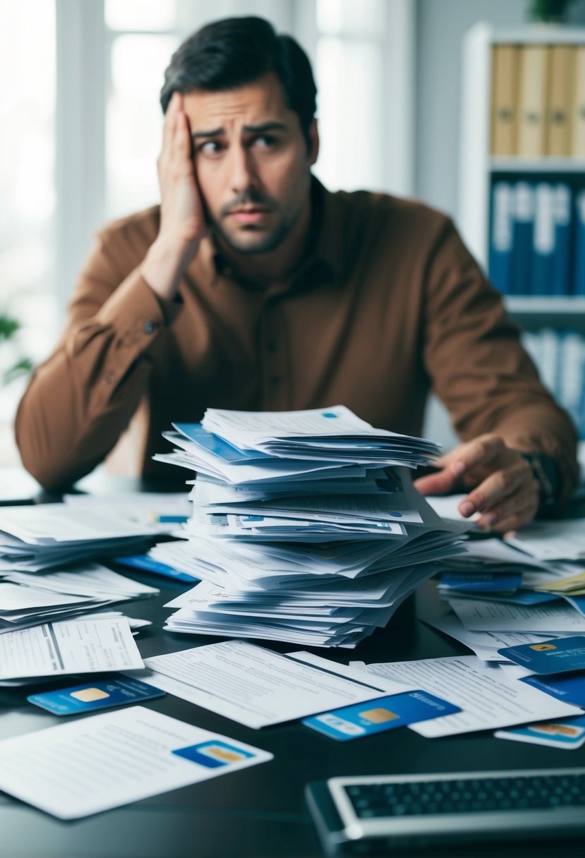 A pile of unpaid bills and credit card statements scattered on a cluttered desk, with a worried expression on a faceless figure's face