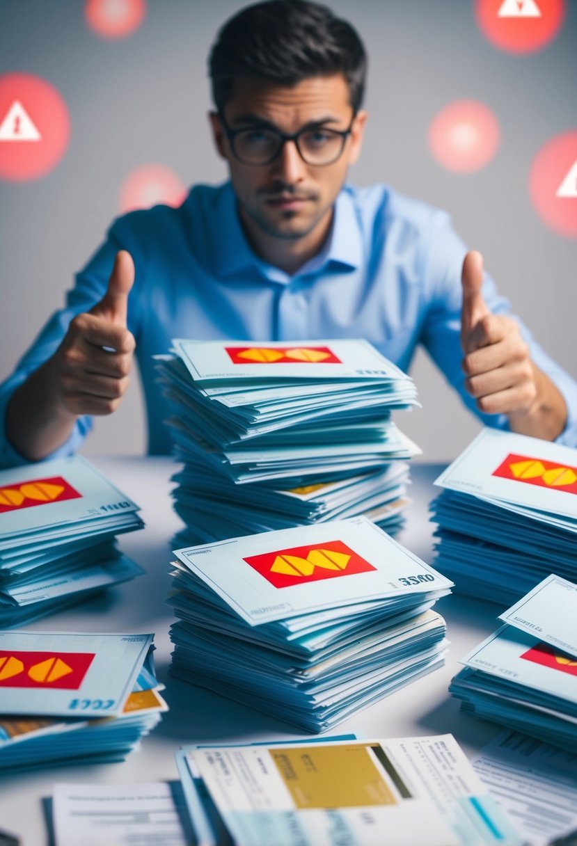 A person surrounded by stacks of unpaid bills and credit card statements with red warning symbols