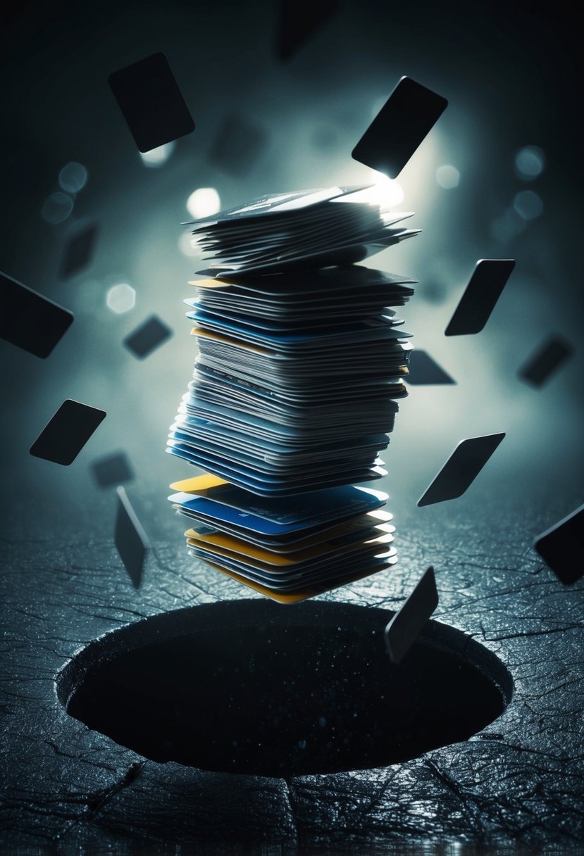A stack of credit cards tumbling into a deep, dark pit, surrounded by ominous shadows
