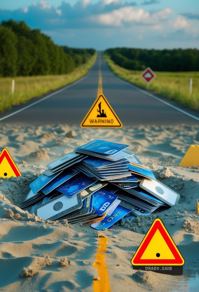 A pile of credit cards sinking in quicksand, surrounded by warning signs and a road leading to a dead end
