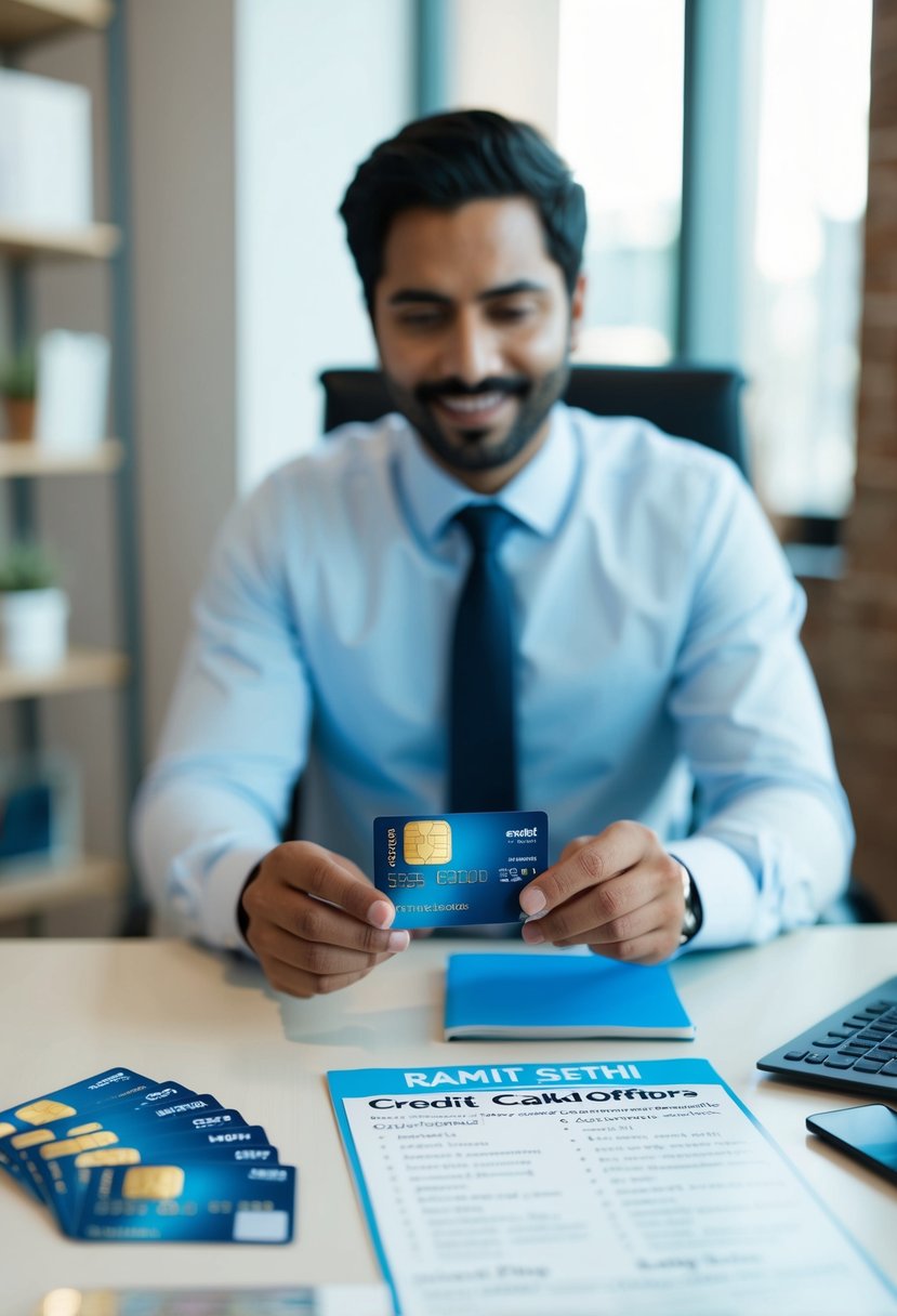 A person at a desk, comparing credit card options with a list of criteria from Ramit Sethi's rules. Various credit card offers are spread out on the table