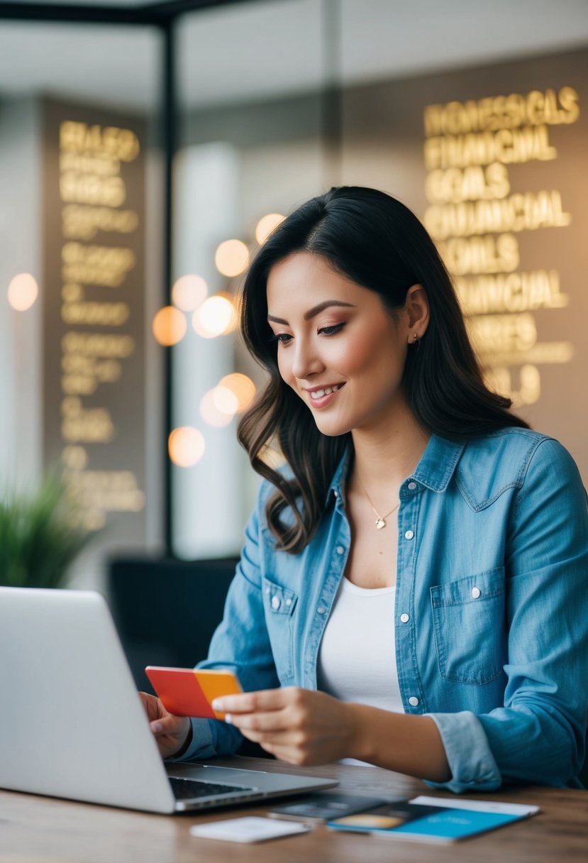 A person researching credit cards with a list of rules and financial goals in the background