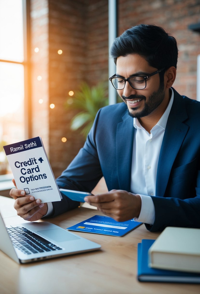 A person comparing credit card options using a checklist and financial advice book by Ramit Sethi