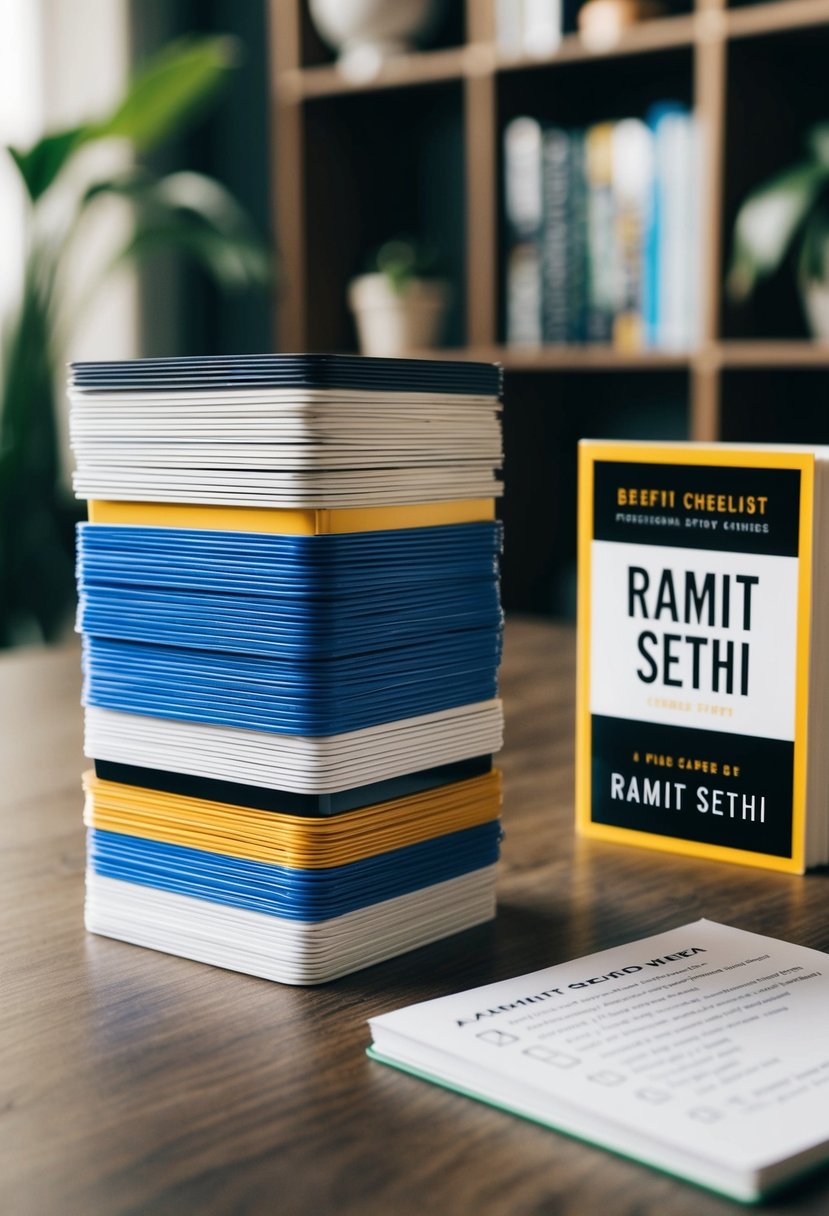 A stack of credit cards arranged with a checklist of benefits and rules, next to a book by Ramit Sethi