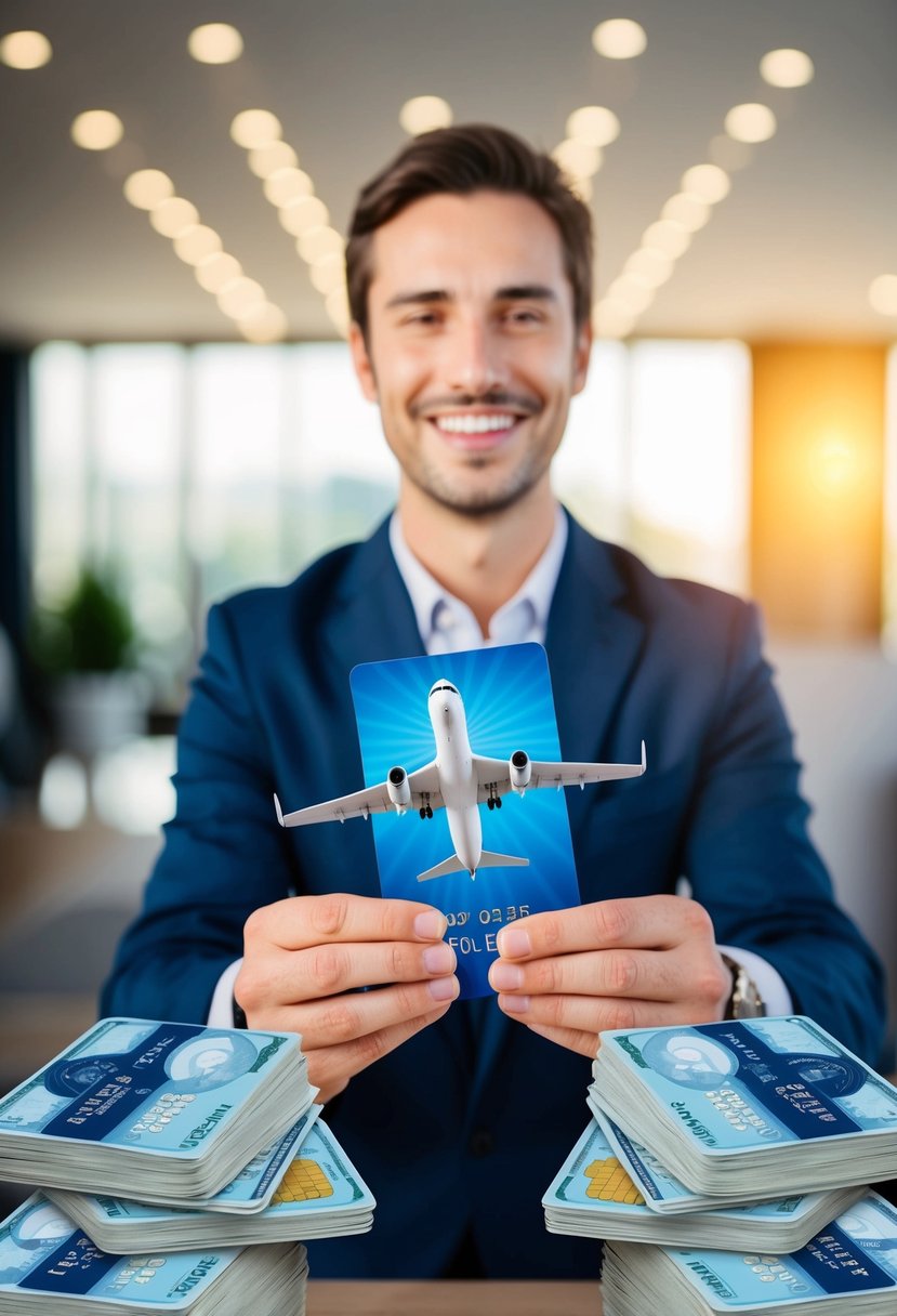 A traveler happily redeeming points for a flight while a pile of credit card bills looms in the background