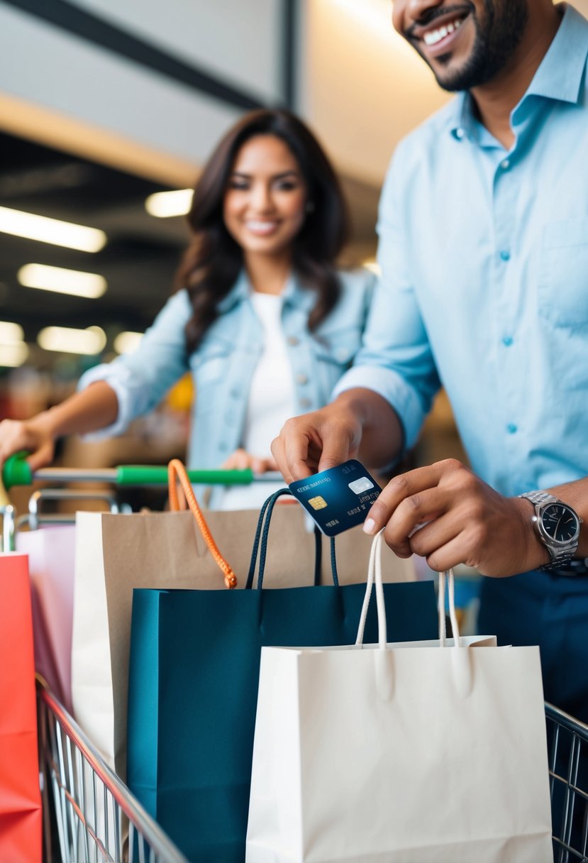 A person swiping a credit card with a smile while surrounded by shopping bags and a full cart of items