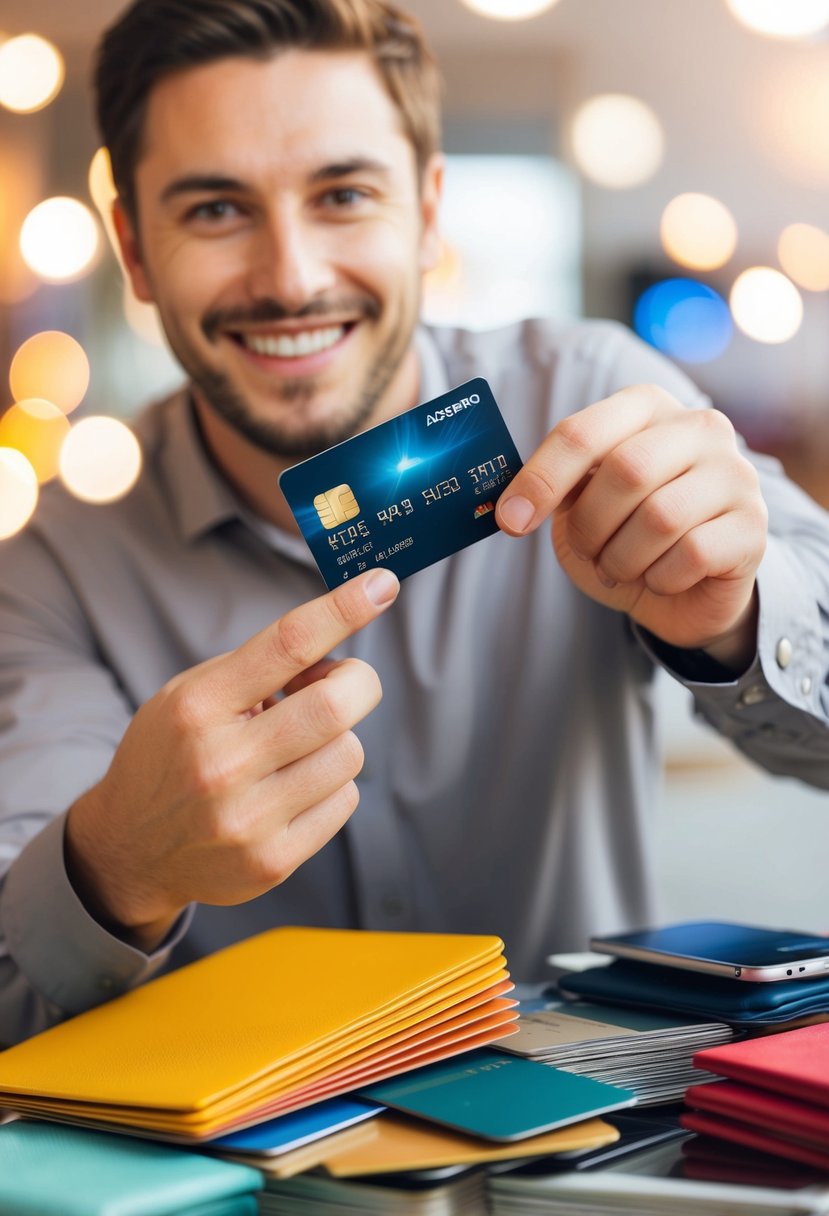 A person swiping a credit card with a smile while surrounded by various tempting items and a growing pile of purchases