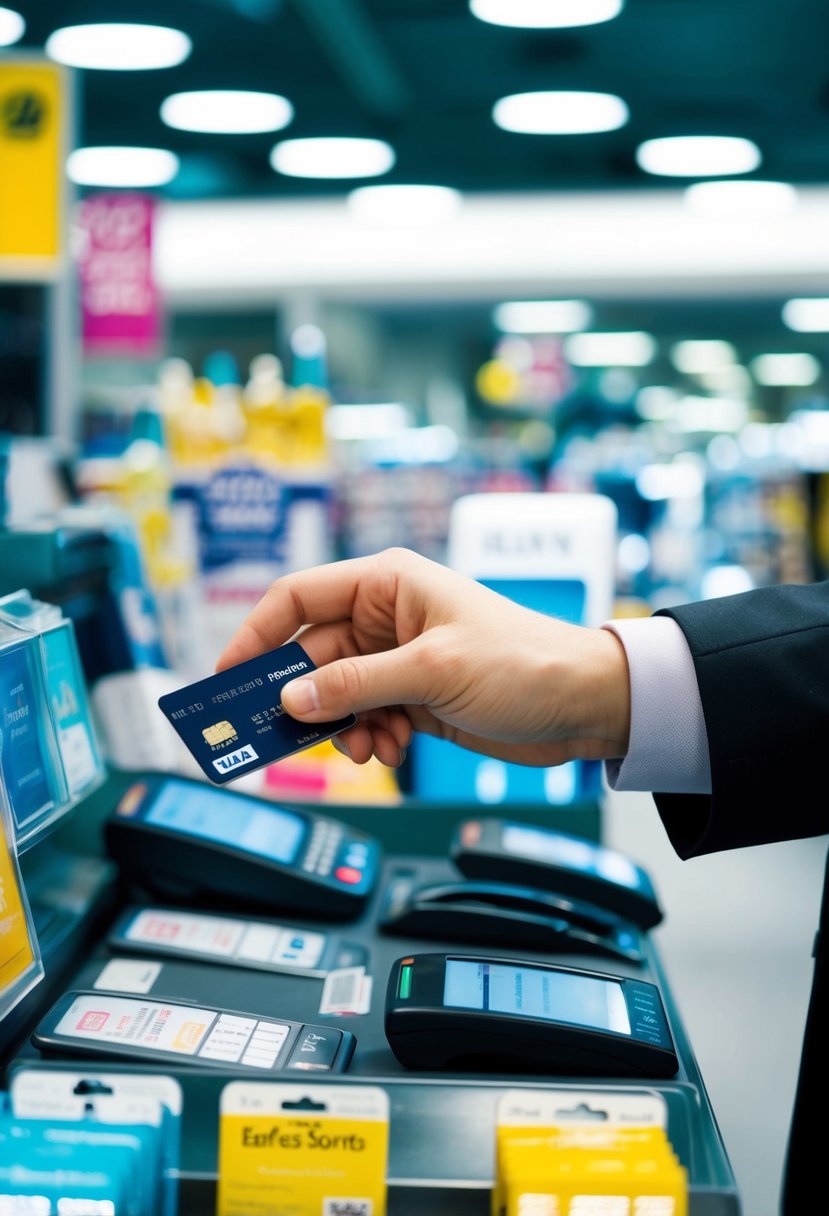 A person swiping a credit card at a store while surrounded by various enticing products and promotional displays