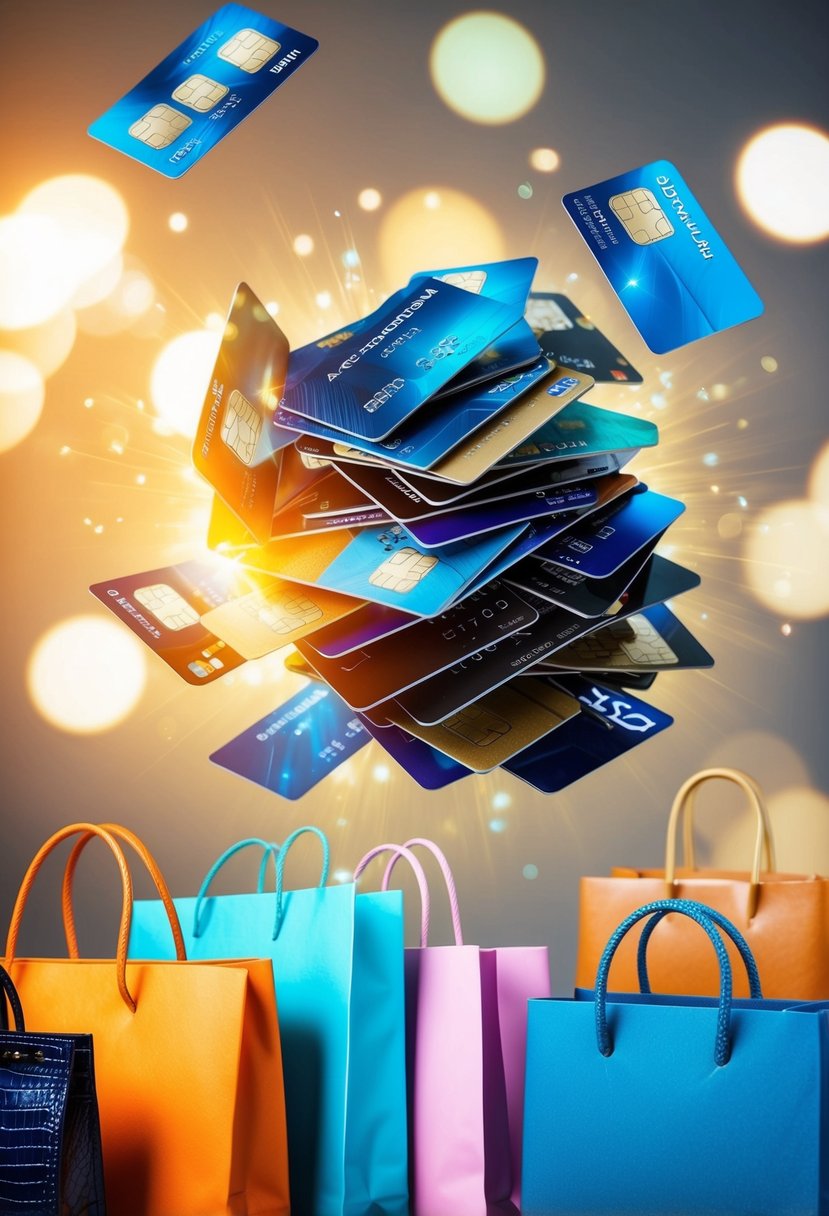 A pile of credit cards floating in the air, surrounded by various luxury items and shopping bags, with a glowing aura suggesting enhanced spending power