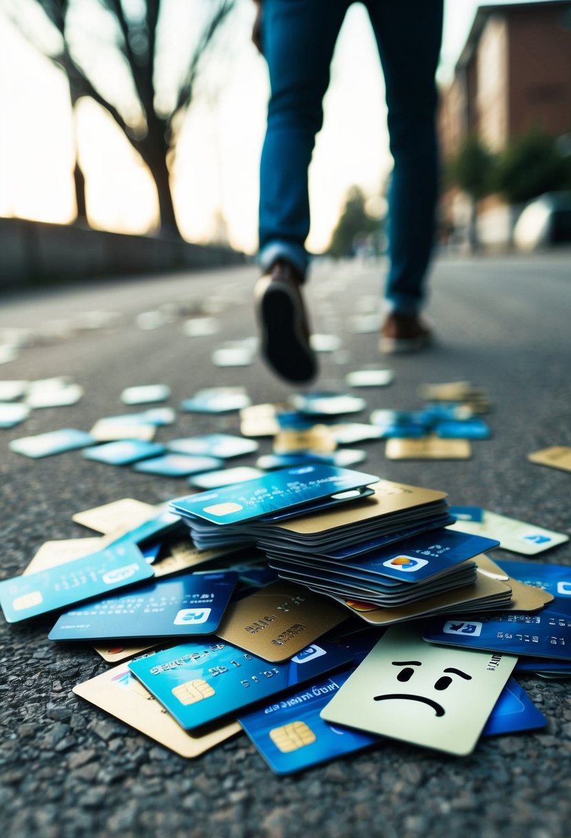 A pile of credit cards scattered on the ground, with a frowning face drawn on one of them, while a person walks away, shaking their head