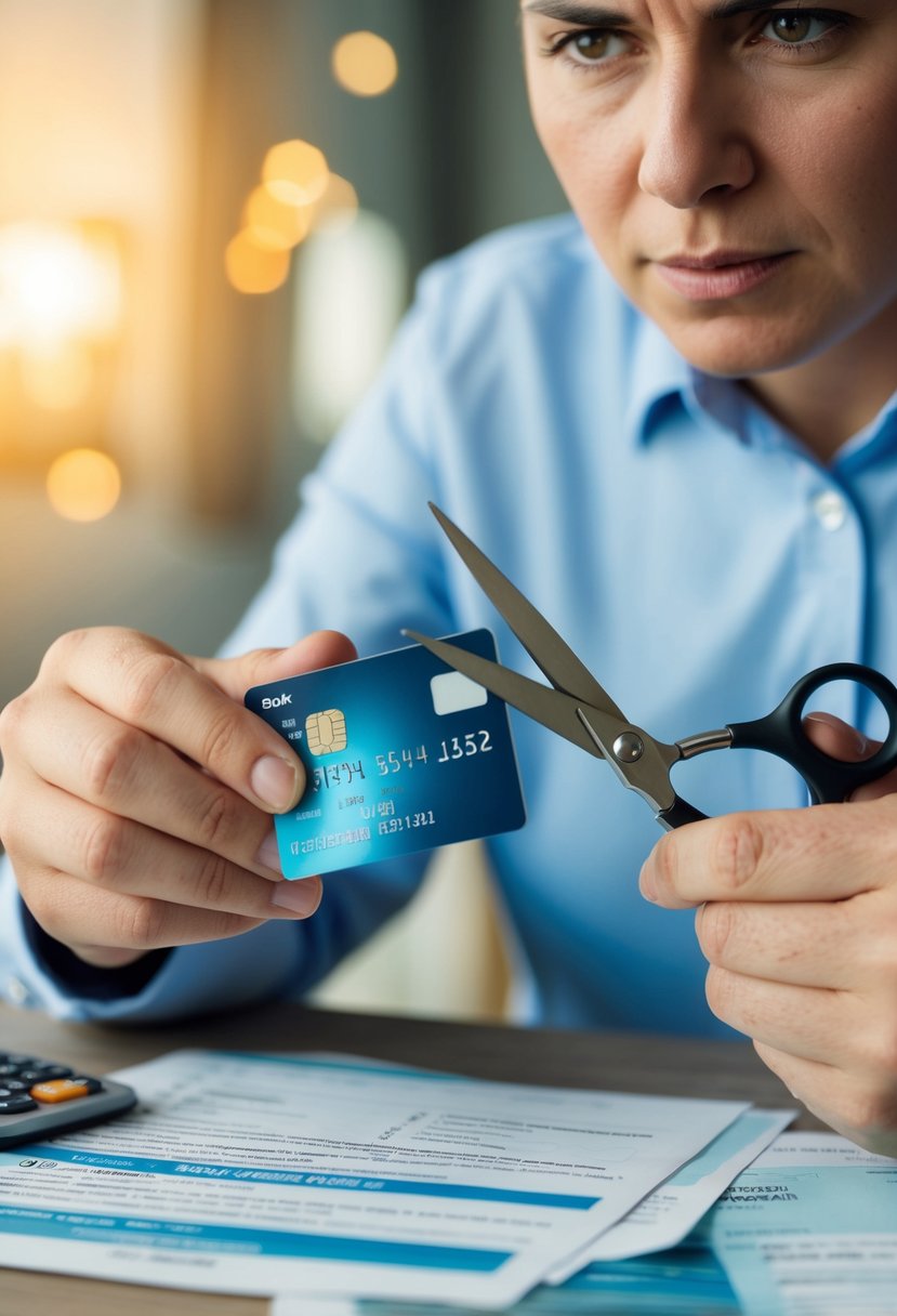 A person cutting up a credit card with a pair of scissors, surrounded by financial documents and a disapproving expression on their face