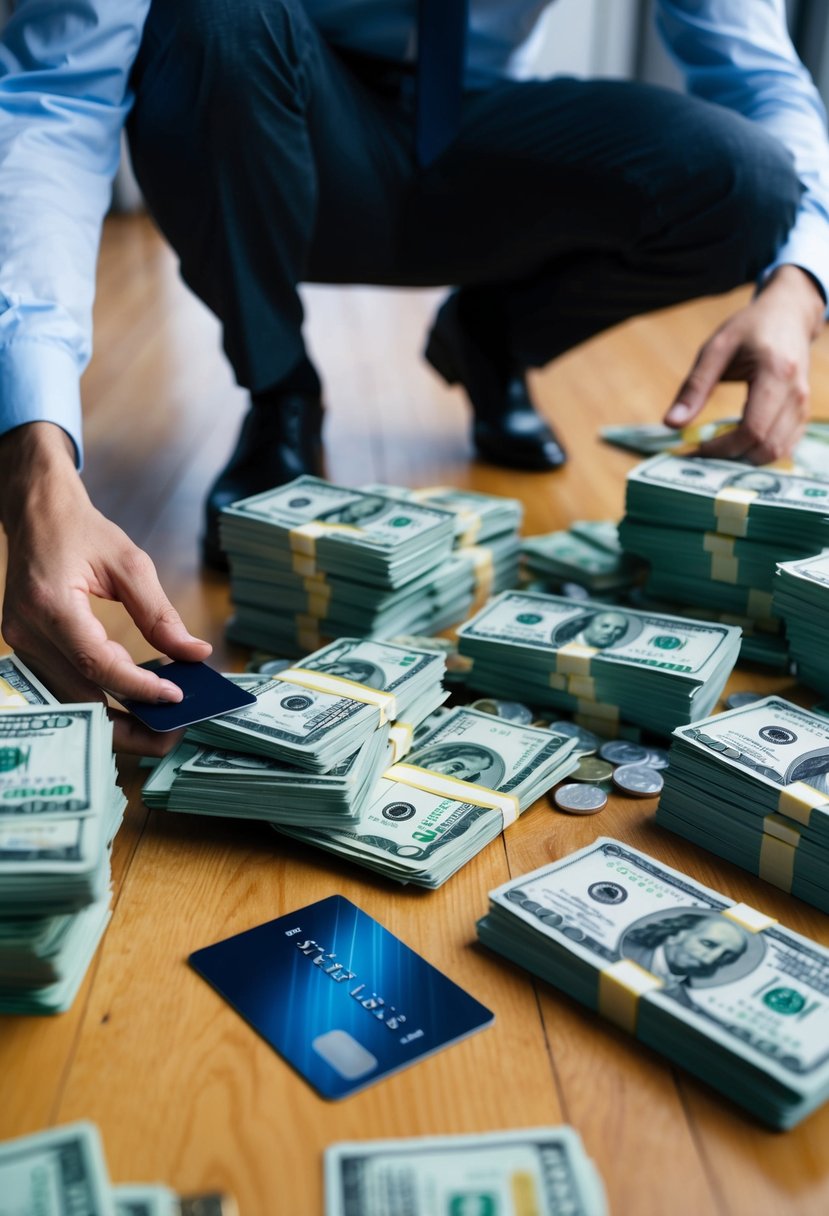 A person surrounded by piles of cash and assets, with a credit card discarded on the floor