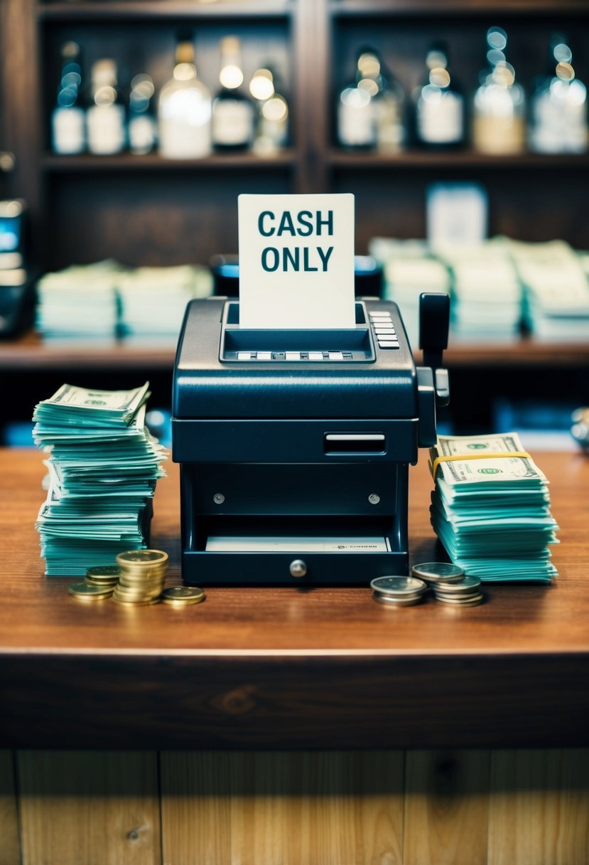 A cash register sits empty on a wooden counter, surrounded by stacks of bills and coins. A sign above reads "Cash Only."