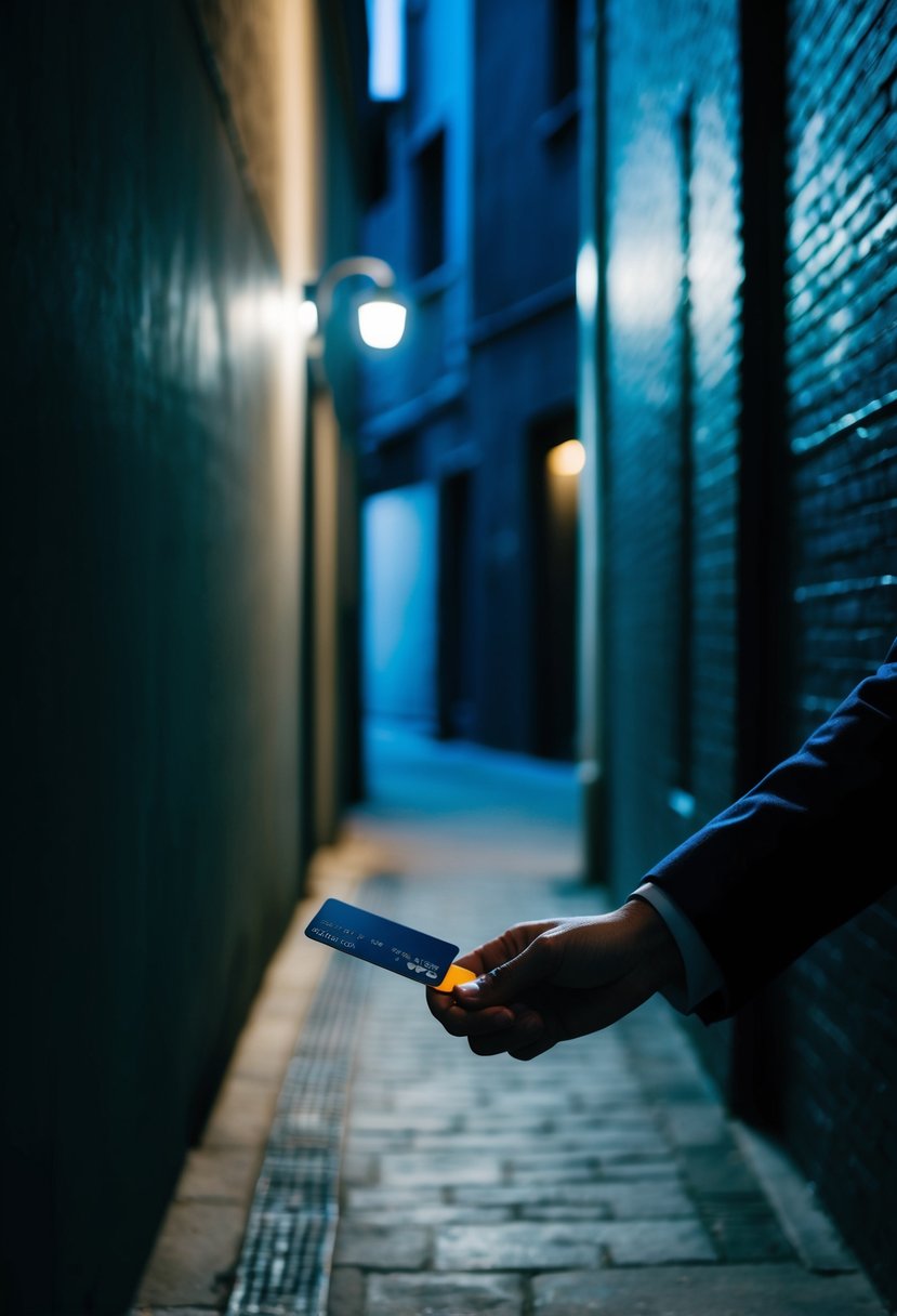 A credit card being swiped in a dark alleyway at night, with shadows cast on the walls and a sense of danger looming