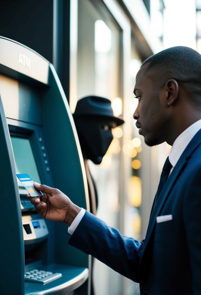 A person swiping a credit card at an ATM with a shady figure lurking nearby