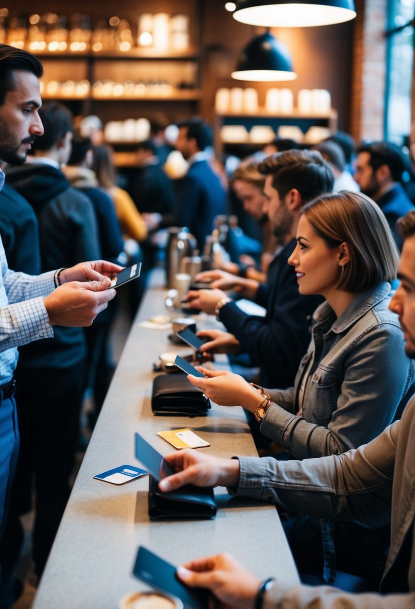 A crowded coffee shop with people swiping cards at the counter, while others are seated at tables with their wallets out