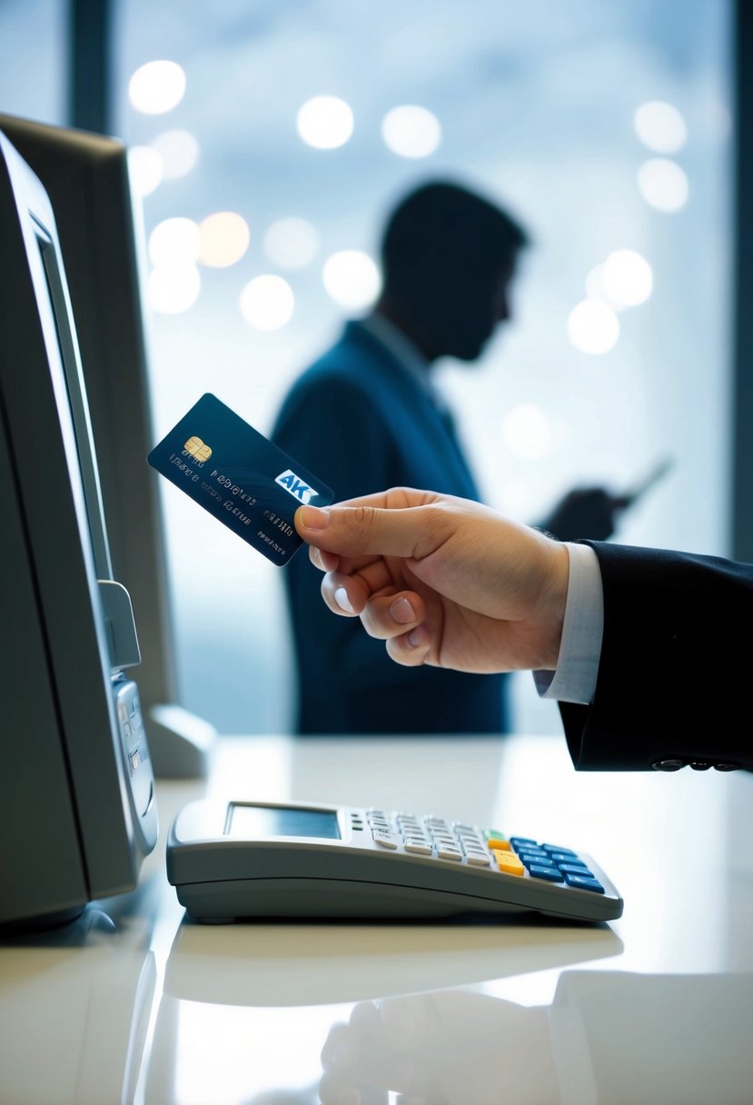 A person swiping a credit card at an unsecured ATM, while a shadowy figure hovers nearby, ready to steal their information
