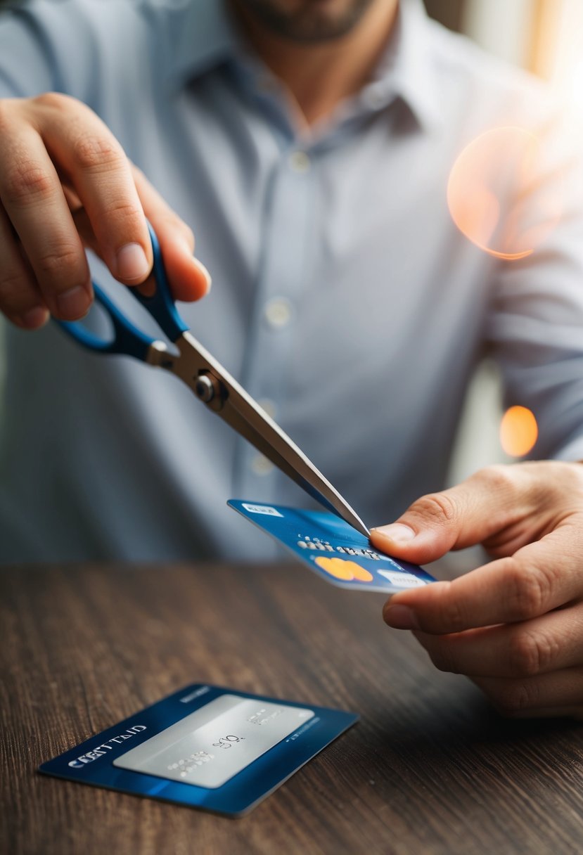 A person cutting up a credit card with a pair of scissors