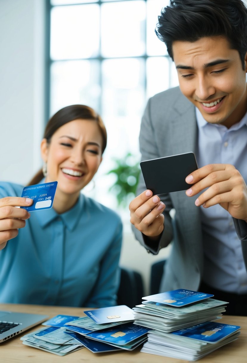 A person happily swiping a credit card for a purchase, while another person looks stressed and overwhelmed by a pile of credit card bills