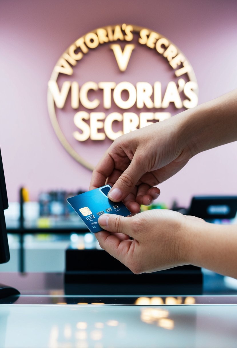 A hand swiping a credit card at a checkout counter with a Victoria's Secret logo in the background