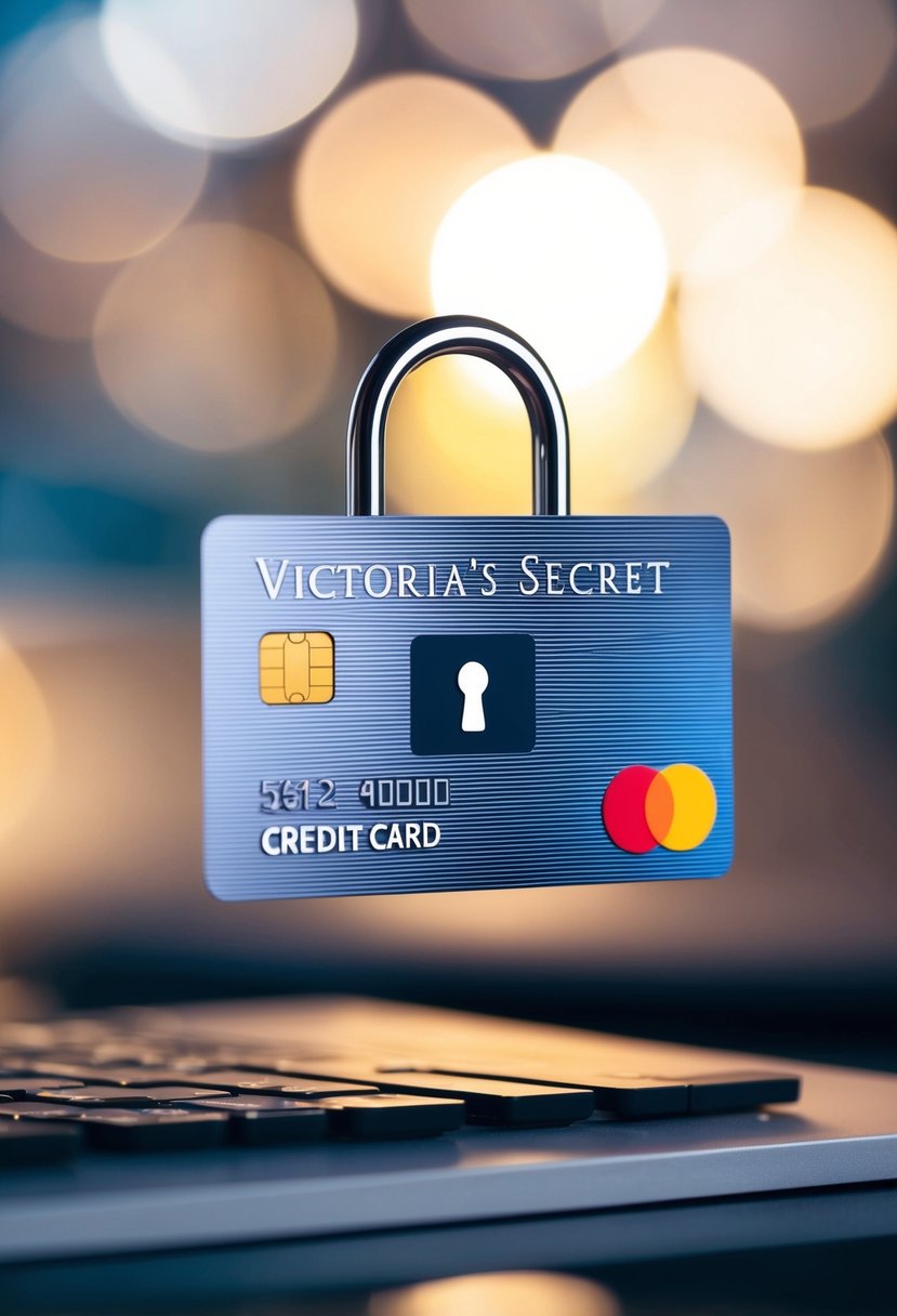 A secure online payment process for Victoria's Secret credit card, with a padlock symbol and a credit card icon