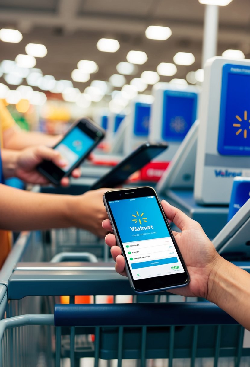 Customers at Walmart use smartphones for bank account transfers at checkout