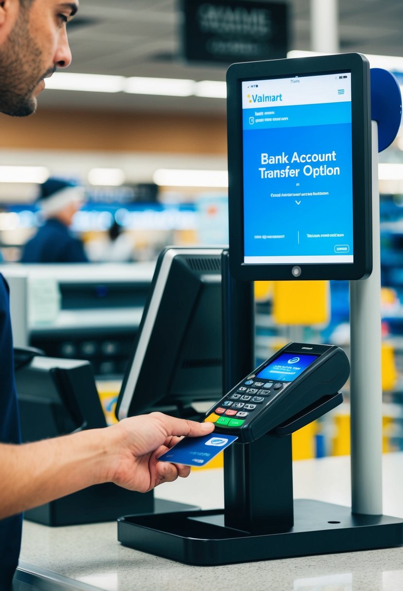 A customer at a Walmart checkout counter swiping a credit card, while a digital display shows a bank account transfer option