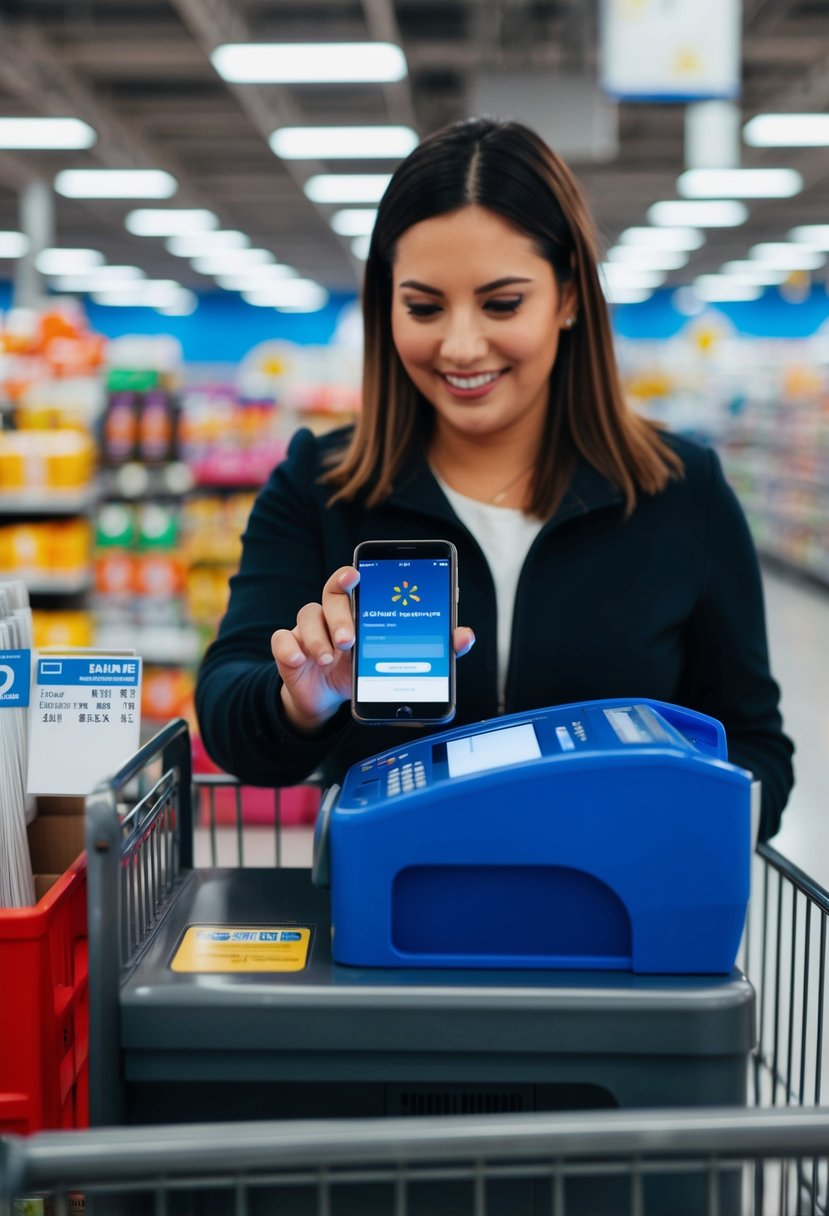 A customer at a Walmart checkout, using a smartphone to make a payment through a bank account transfer, with no credit card in sight