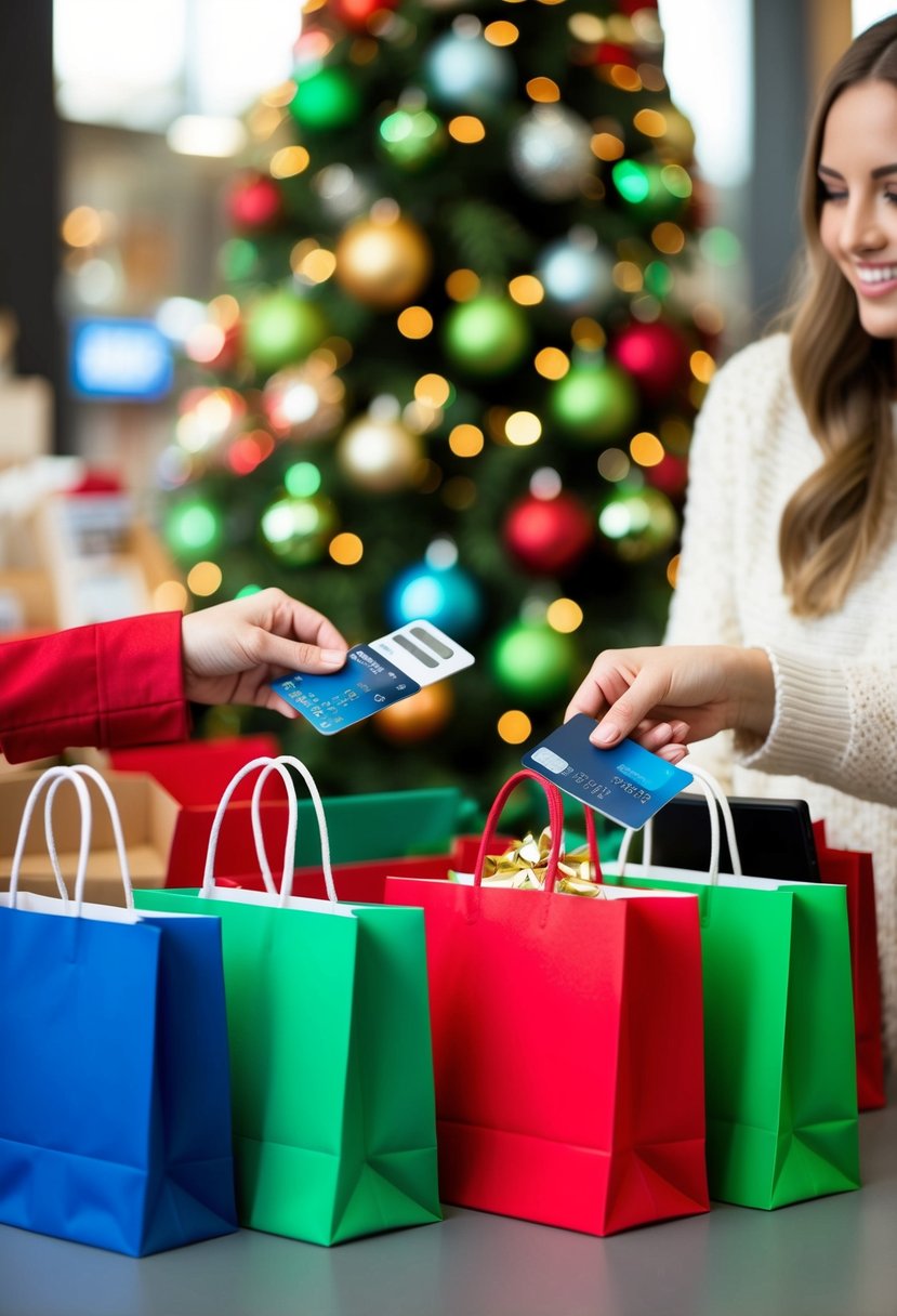 A festive shopping scene with colorful gift bags, holiday decorations, and a variety of credit cards being used at the checkout counter