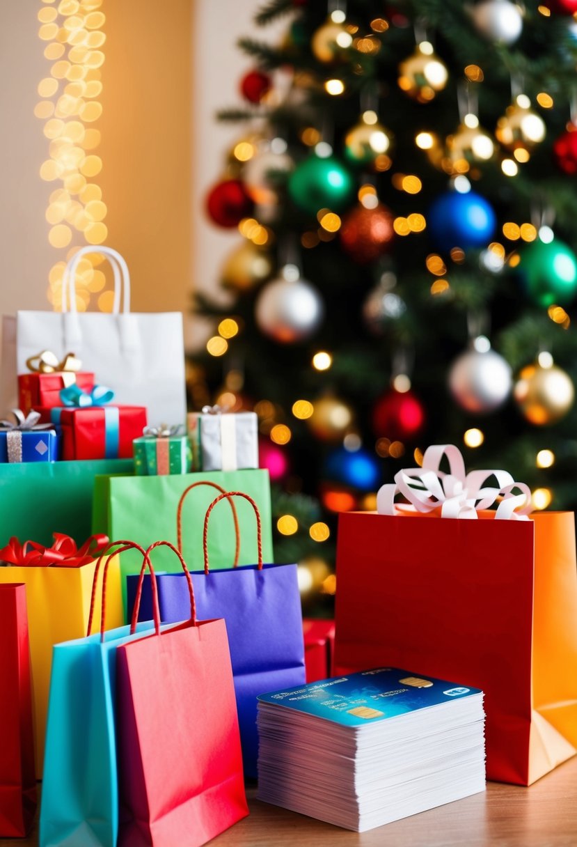A festive holiday shopping scene with colorful gift bags, a decorated tree, and a stack of credit cards with rewards symbols