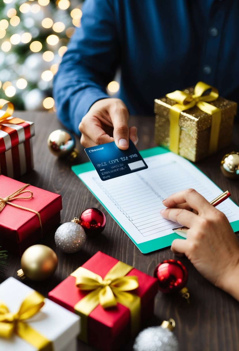 A person making a shopping list while holding a credit card and surrounded by holiday decorations and gift boxes