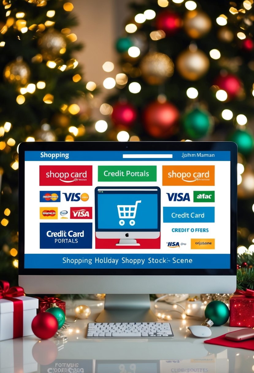 A festive holiday shopping scene with various store logos and credit card symbols surrounding a computer screen displaying shopping portals and offers