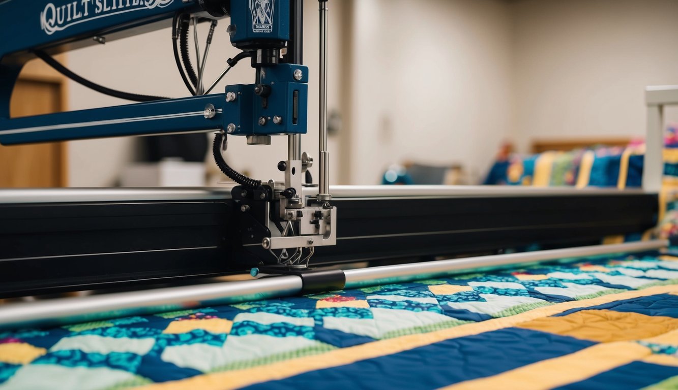 A long-arm quilting machine in action, with intricate patterns being stitched onto a colorful quilt stretched out on the frame