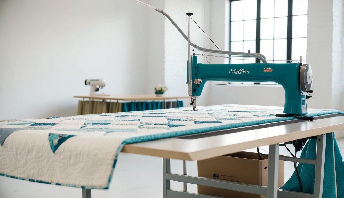 A long arm quilting machine in a bright, spacious studio, with fabric draped over the frame and the needle moving smoothly across the quilt