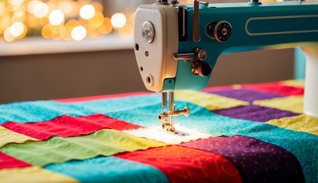 A sewing machine stitching together colorful quilting cotton fabric for a garment