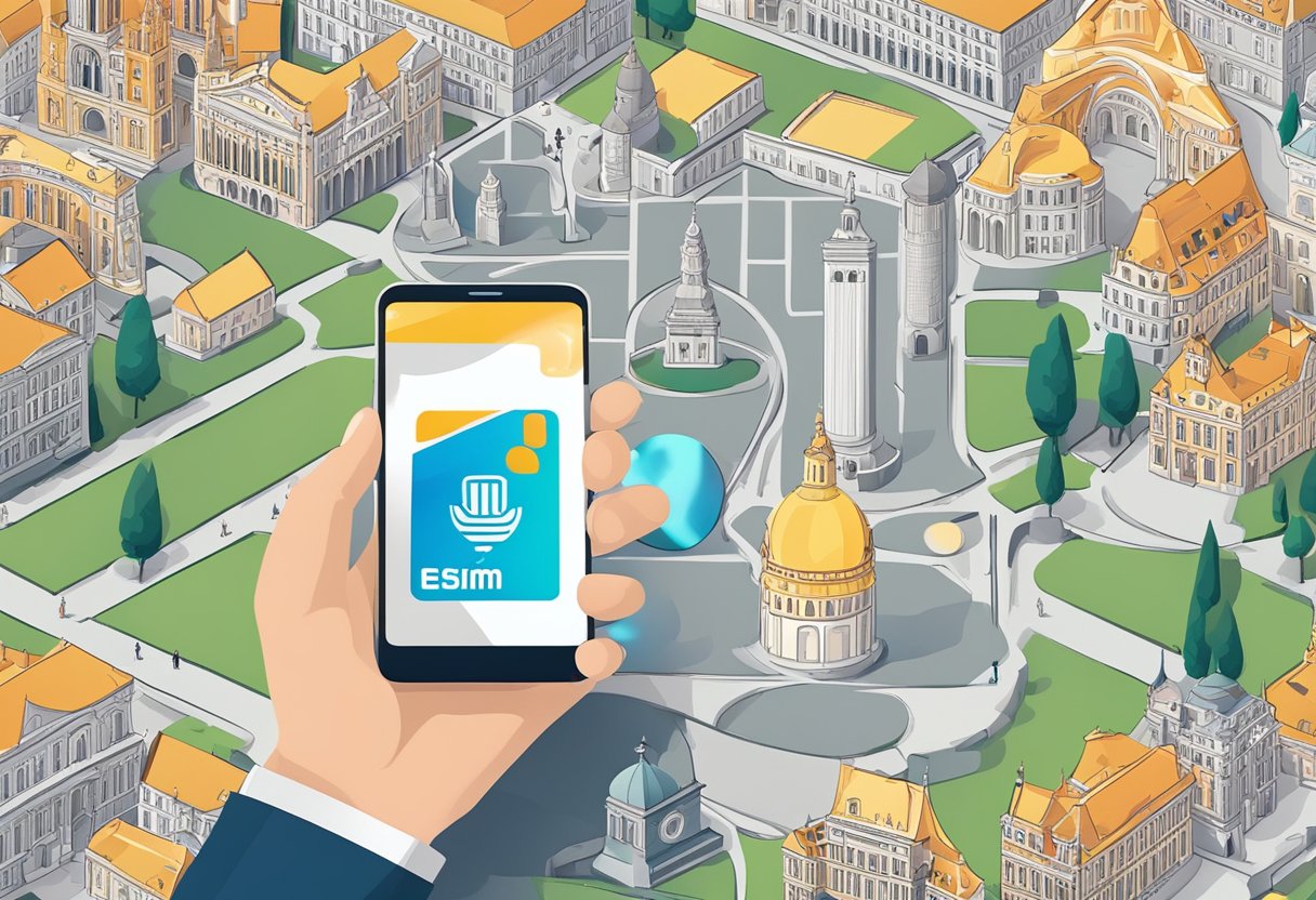 A smartphone with a glowing eSIM card surrounded by iconic European landmarks