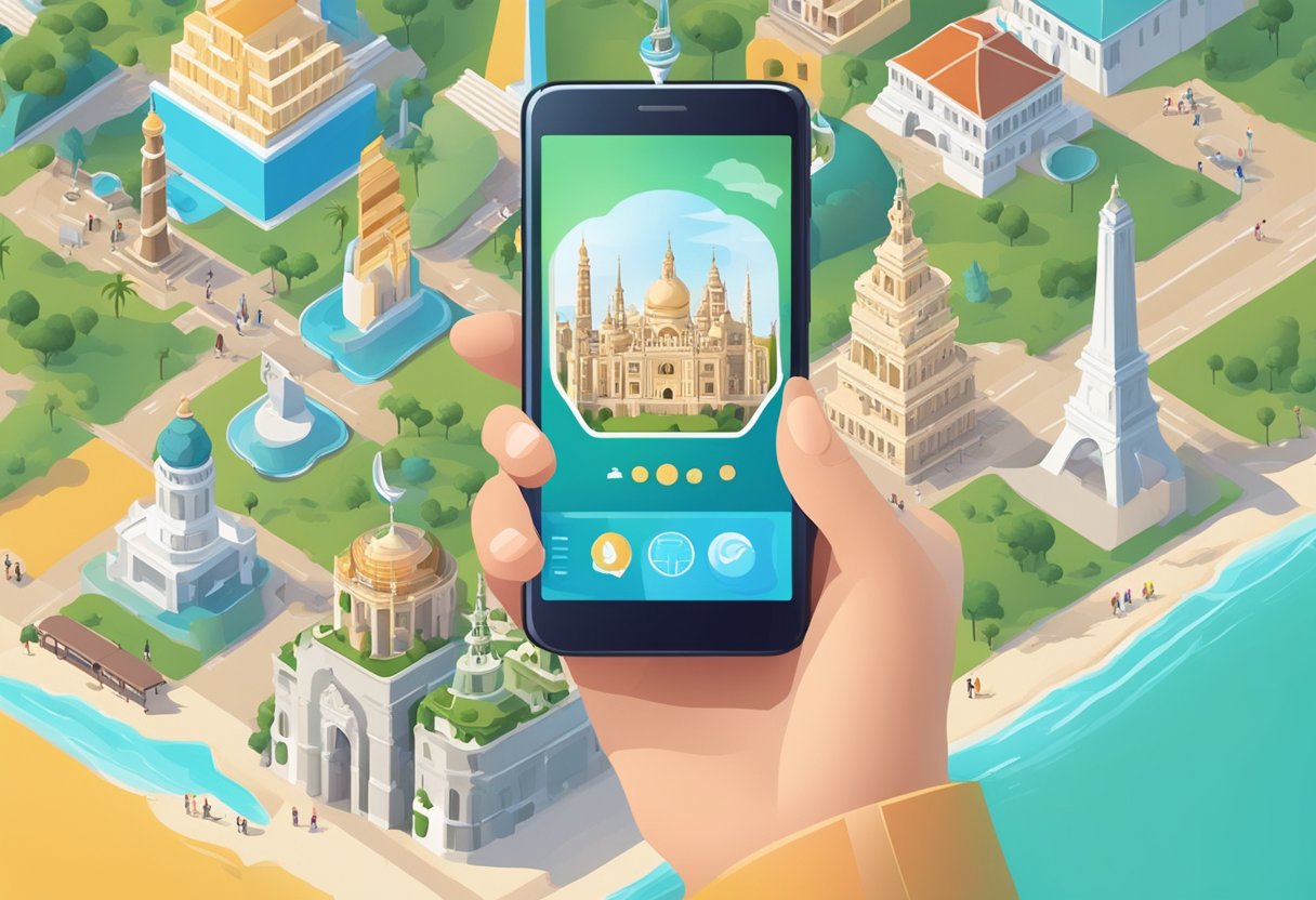 A traveler holding a smartphone with a digital prepaid eSIM displayed on the screen, surrounded by iconic tourist landmarks