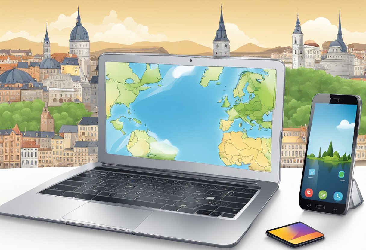 A laptop, tablet, and smartphone connected to a portable Wi-Fi hotspot, with European landmarks in the background