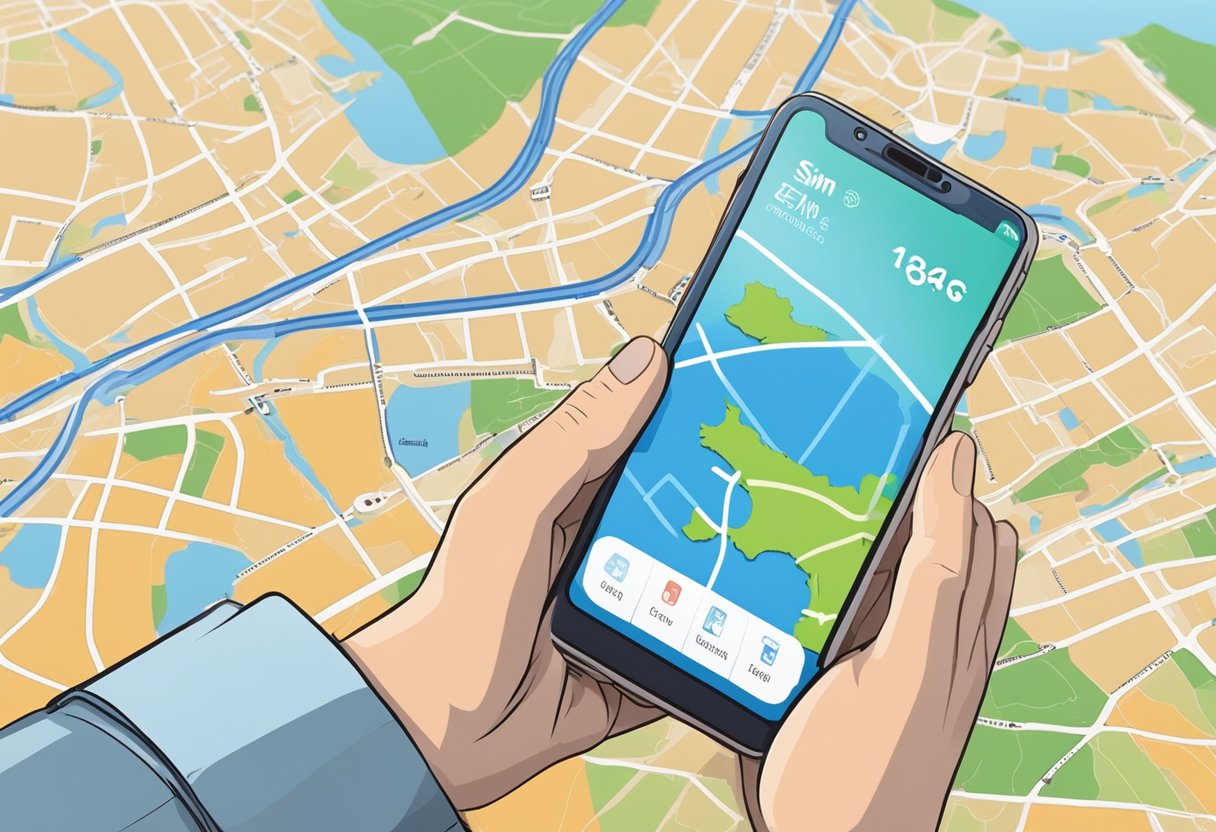 A traveler inserting an eSIM card into a smartphone while looking at a map of France